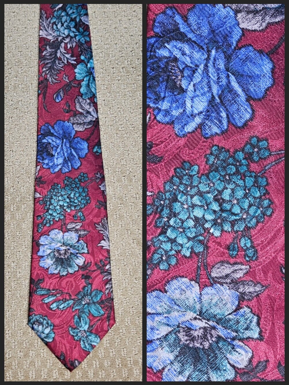 Surrey red tie with blue and green floral design